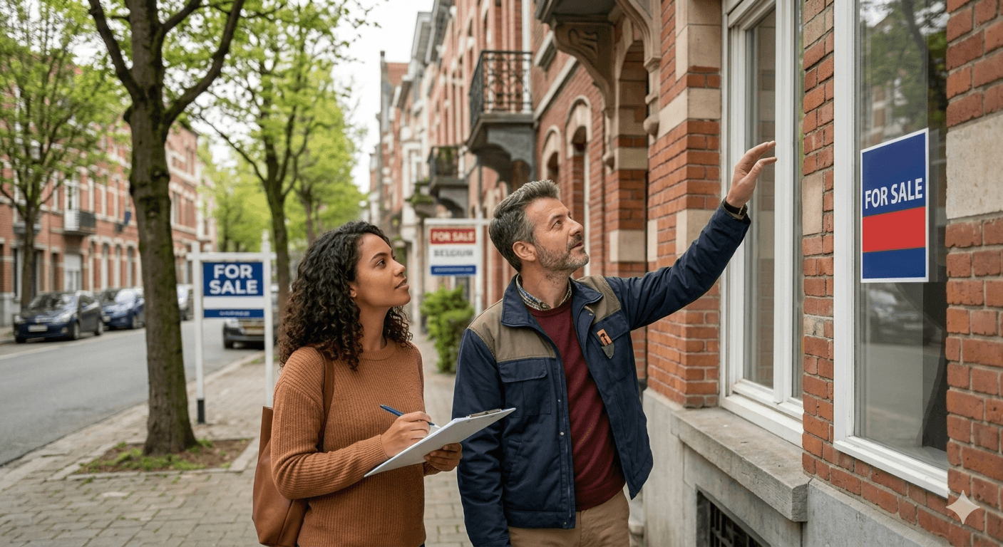 Een kandidaat-koopster en haar partner inspecteren een Brusselse bakstenen rijwoning met een bord 'Te koop'.